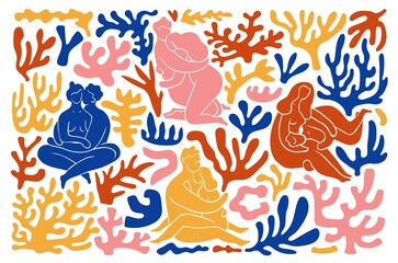 Fototapeta na wymiar Matisse plants. Minimalistic smooth silhouettes people. Simple corals. Male and female bodies. Love hugs. Modernism art inspiration. Romantic and passion. Vector embracing couples set