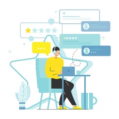 Angry client leaving negative feedback, vector illustration. Bad review, one star rating, bad customer experience.