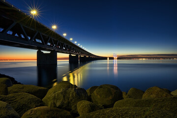 The Oresund Bridge between Denmark and Sweden at night