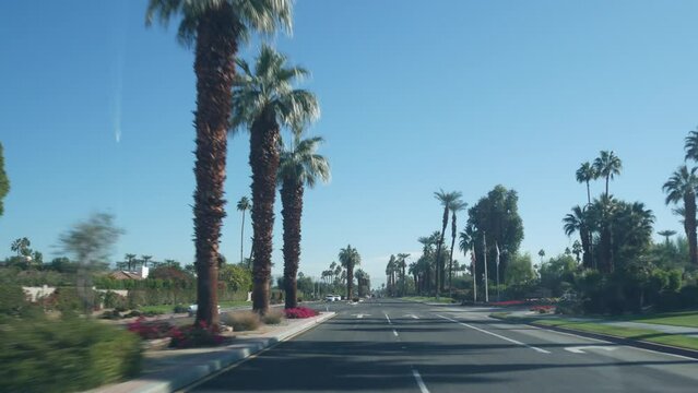 Palm trees in sunny Palm Springs, city street, vacations resort near Los Angeles, California, USA. Desert oasis in mountains valley, summer road trip vibes. View from car thru windshield or windscreen