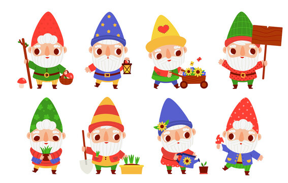 Cute garden gnomes vector illustration set. Cartoon funny dwarf characters with mushroom, flowers, lantern and plants