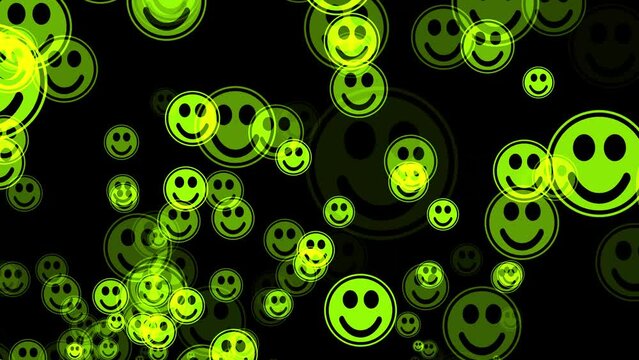 smiley face social media yellow green icons flying like a bubble on black screen animation for facebook instagram 4k