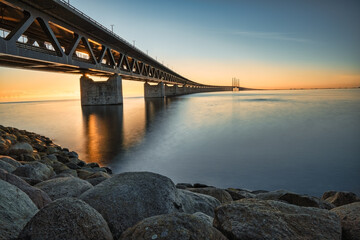 View of Oresund bridge during sunset over the Baltic sea