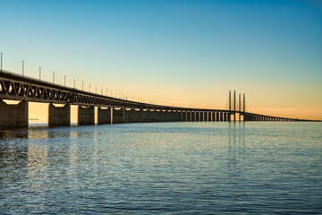 Oresund Bridge connecting Denmark and Sweden at sunset
