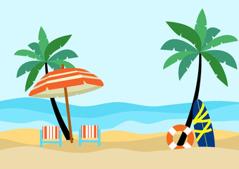summer season background template, Lounge on the beach under a palm tree. Beach chair with umbrella and surfboard on tropical background. Flat style vector illustration