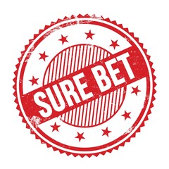 SURE BET text written on red grungy round stamp.