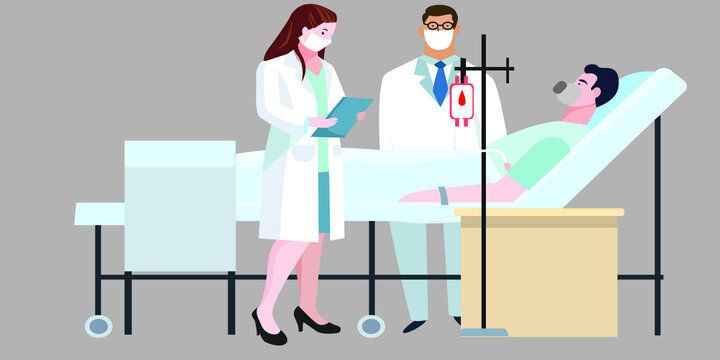 Illustration of male and female doctors standing next to a patient laying on a fowler bed