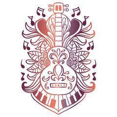 Hand drawing acoustic guitar with flower ornament 