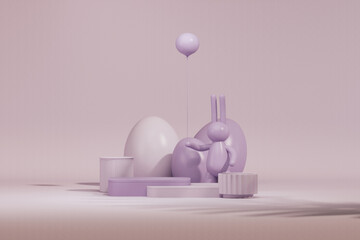 Easter eggs podium and rabbit in pastel purple scene background. Easter day with geometry platform for product, stand to show cosmetic products. Stage showcase on pedestal display.3d render
