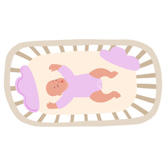 Cute little baby in crib. Infant in bed sleep peacefully. Healthy sleep at night.
