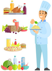 Best chef logo Man holds plate with ready-made meal. Restaurant service, breakfast or dinner dish. Design for Italian restaurant. Chef standing with plate of pasta, dish of italian cuisine in cafe