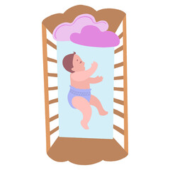 Cute little baby in crib. Infant in bed sleep peacefully. Healthy sleep at night.