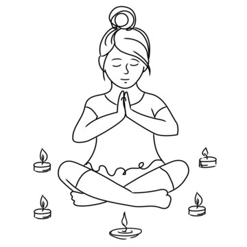 recommend clip art: Little girl meditating in lotus position,outline vector illustration isolated on white background.Kids yoga ,children mental health concept.