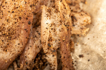 thinly sliced homemade lard with pepper on white oiled paper, close-up, selective focus.