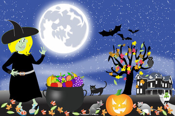 halloween background with witch and pumpkin and kettle filled with fresh fruit