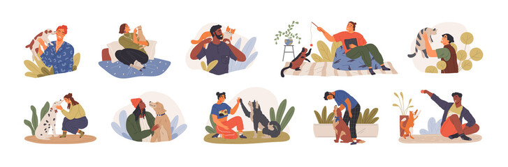 People hugging, caring, and playing with pets set. Adorable animals and their owners. Characters spend time with dogs and cats at home and outdoor. Happy pastime and relaxation with cute pets