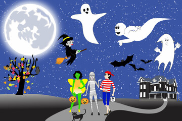 halloween night scene with three trick or treaters accompanied by ghosts and a witch and bats