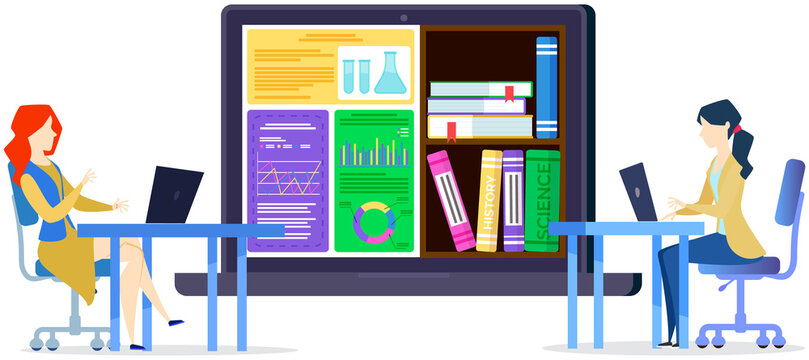 Women with computer ready for online education. Students learning with educational materials and virtual bookshelf. Ladies study on computer and use books from electronic library for educating