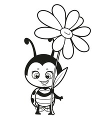 Coquettish cartoon cute ladybug with flower in hand outlined for coloring page on white background