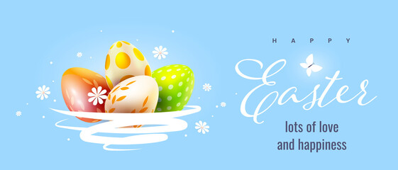 Vector holiday illustration with painted eggs in nest and flower. Happy easter template design with decorative egg in basket for greeting card, banner on blue color background