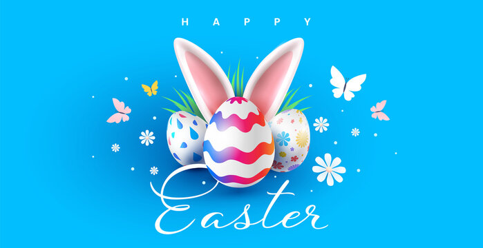 Vector holiday illustration with painted eggs and bunny ears. Happy easter template design with decorative egg and bunny ear for greeting card, banner on blue color background