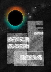 A retro sci fi space city minimal space illustration with black hole