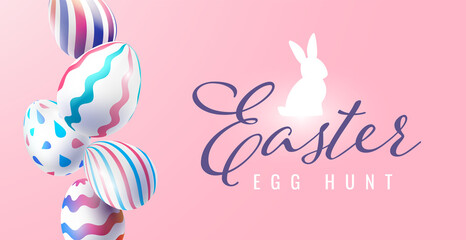 Vector easter illustration with fly painted eggs and  word egg hunt. Happy easter template design with bunny and decorative egg for greeting card, banner on pink color background