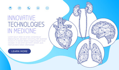 Innovative technologies in medicine concept. Anatomy, diagnostics of human body systems. Set of polygonal human organs modern 3D volumetric image for website design. Template of medical web page