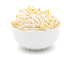 Pile of bean sprouts in the ceramic bowl isolated on white background