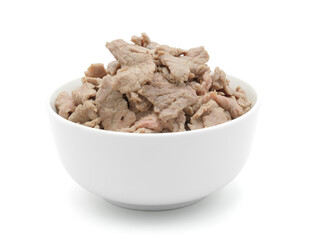 Beef sliced in ceramic white bowl isolated on white background with clipping path.