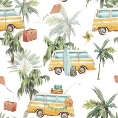 Travel seamless pattern with track, jungle and suitcase. Watercolor cartoon repeating design. Surfing digital paper - 494006115