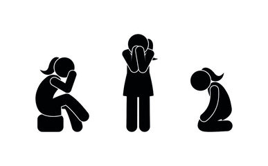 woman crying and suffering, stick figure icon, stickman illustration, people in different poses