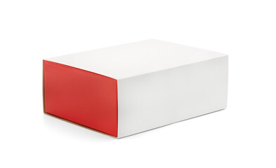 White-red cardboard box isolated on white background with clipping path. Suitable for packaging.