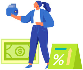 Woman with wallet , online payment, e transfer. Businesswoman saves money, invests. Investments, investing finance, interest on deposits concept. Lady holding wallet standing near dollar bills