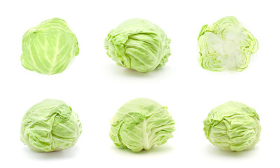 Set of fresh cabbages with droplets of water isolated on white background.,
