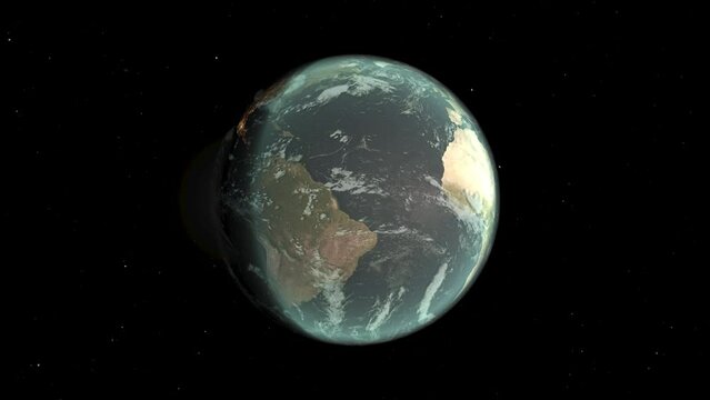 Model of the planet Earth rotates in space. Change of day and night starry sky. Computer graphics