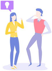 Business people generating idea. New mind and brainstorm concept. Thinking about innovation and finding solution. Colleagues communicate, discuss idea. Man and woman come up with creative plan