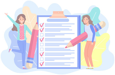 Positive and negative business women with giant pencils nearby marked checklist on clipboard paper. Successful completion of business tasks, time management, scheduling. Ladies planning checklist