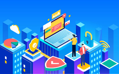 E-commerce characters communicating, surrounded by computers and shields, isometric vector 