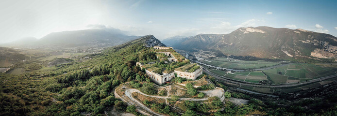 Drone shot of  the San Marco fort in the mountain range of Monte Baldo, Italy
