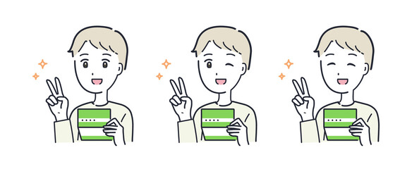 通帳を持ってピースをする男性のイラスト素材