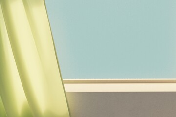 Fototapeta premium Product presentation windowsill beside green curtain in blue sky background with sunshine and shadow. 3d rendering illustration.