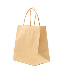 Recycled kraft paper shopping bag isolated on white background.