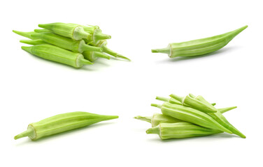 Set of fresh okra green roselles isolated on white background.