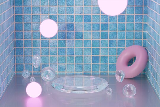 Cosmetic background for product presentation in bathroom scene. Transparent water podium in front of tile wall. 3d rendering illustration.