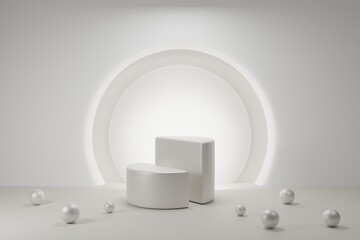 Cosmetic background for product presentation and fashion magazine. White senior podium in front of light color background with back light. 3d rendering illustration.