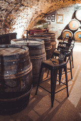 wine barrels in a cellar