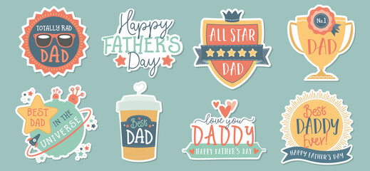 Fun Father's Day sticker set with drop shadow for Dad, Daddy, Father. Calligraphic typrography for greetings cards, website, social media, giftware