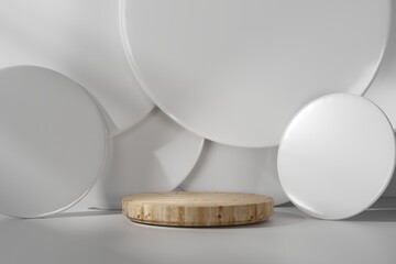 Wooden podium for product presentation in white round tile decorated background with sunshine and shadow. Minimal geometric shape. 3d rendering illustration.