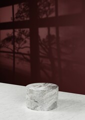 Cosmetic background for product presentation and fashion magazine. white marble podium on dark red wall scene with shadow of trees and windows. Minimal geometric shape. 3d rendering illustration.